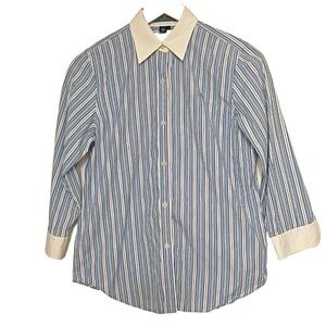 LAUREN RALPH LAUREN Women's Cotton Shirt 3/4 Sleeve Striped Blue White Size Sm